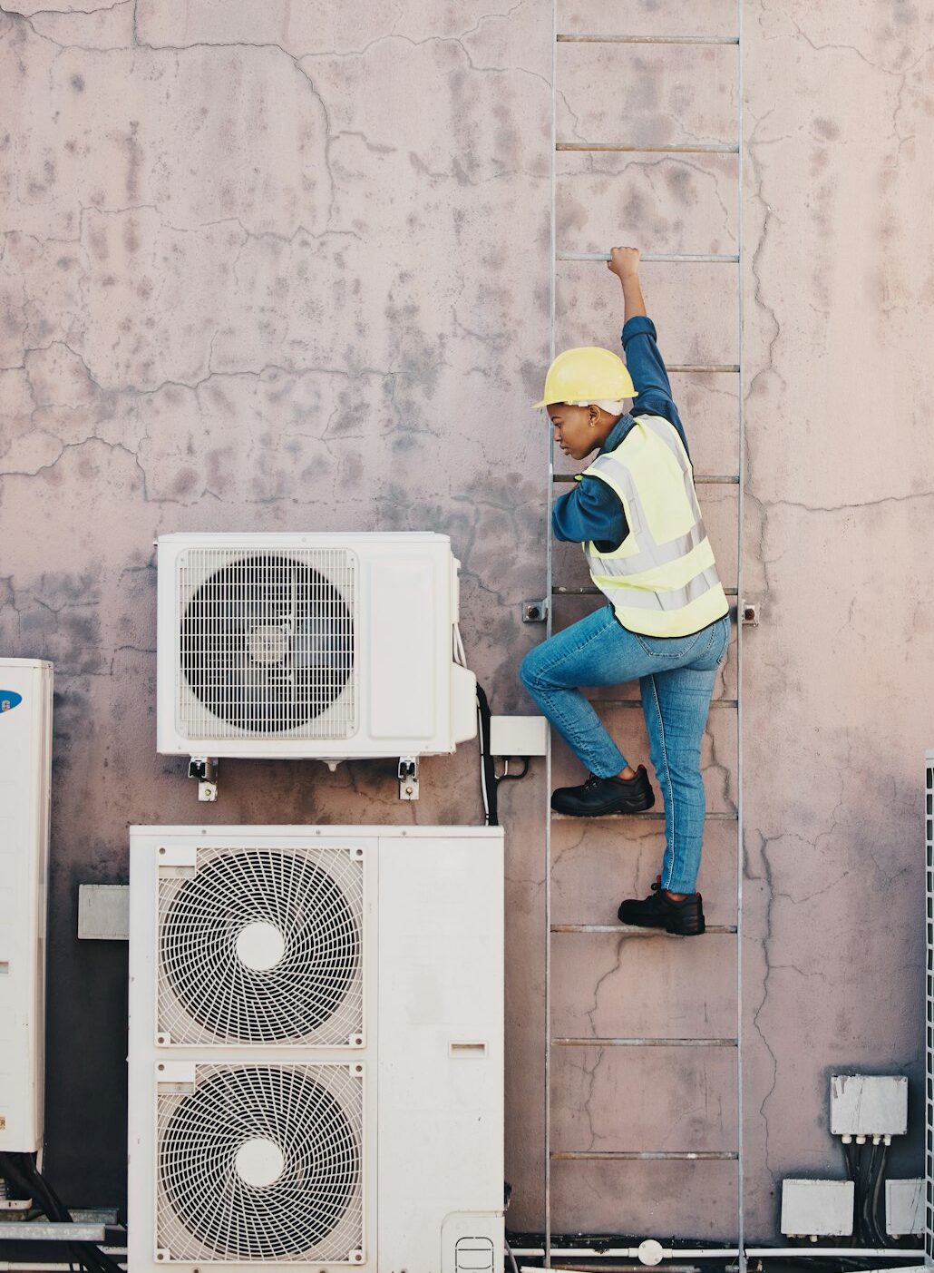 Engineer, wall and outdoor for check, air conditioner or maintenance on ladder for hvac system, tes